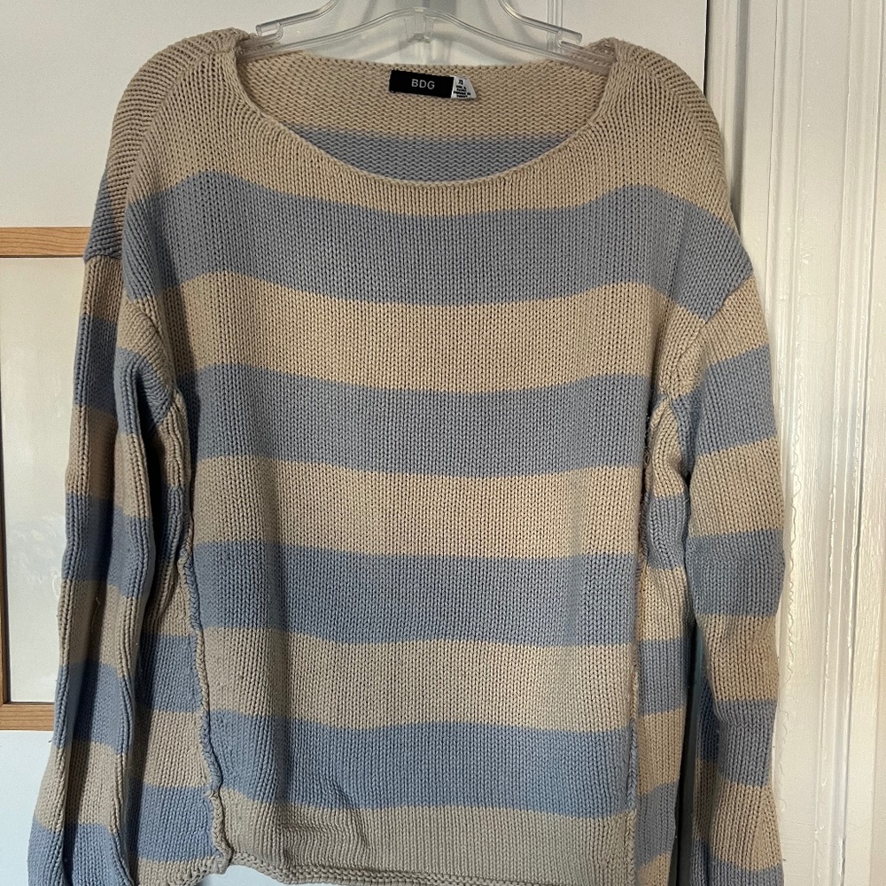 Urban Outfitters BDG Women's Crewneck Knit Sweater - Tan/Blue Striped - Size XS